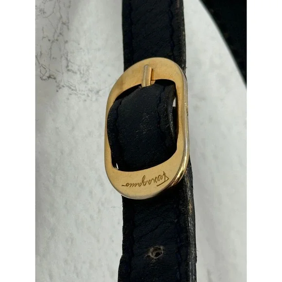 Vintage Salvatore Ferragamo Shoulder Bag Medium Navy Blue Leather Gold Hardware - Picture 3 of 11